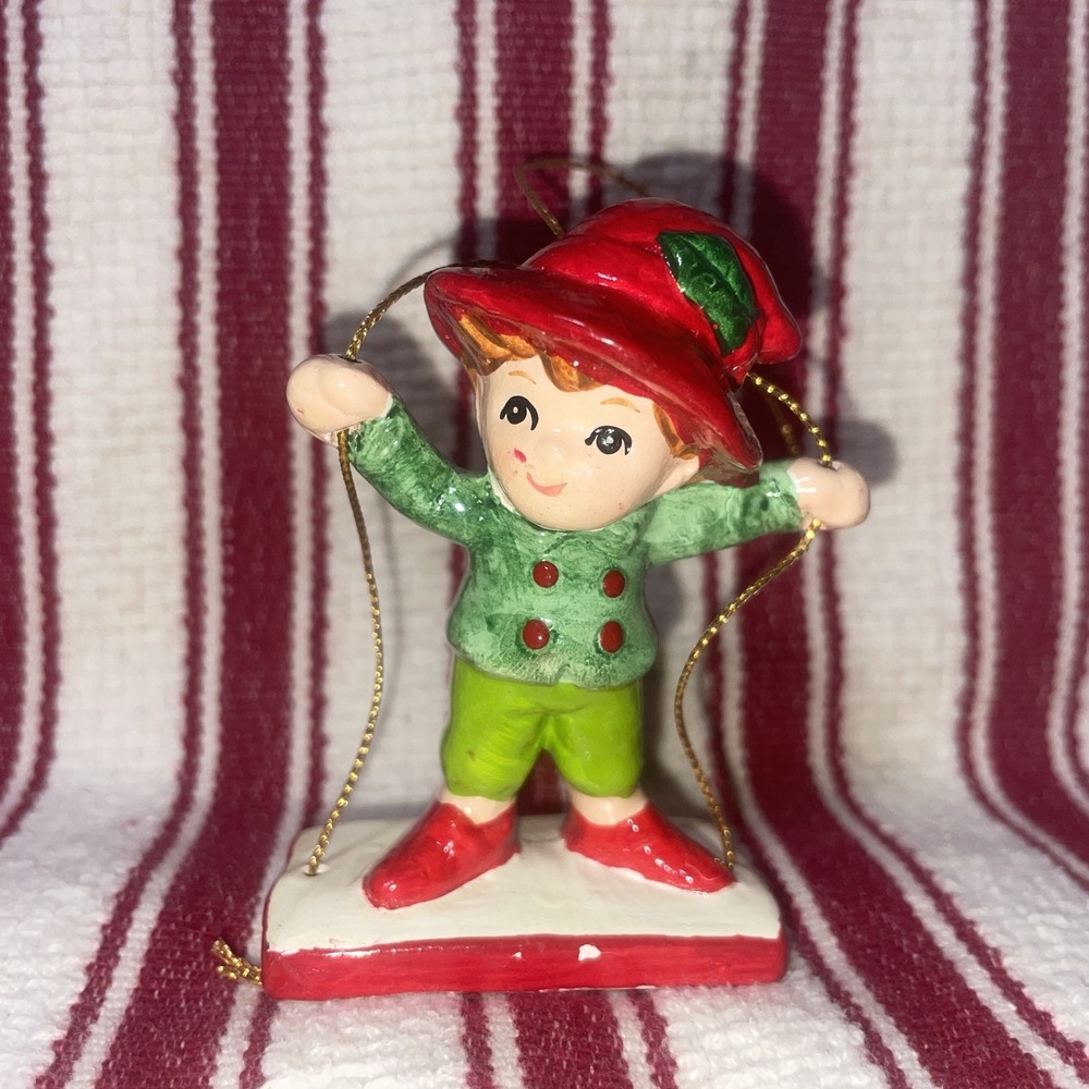 Vintage Lefton Stickered Christmas Elf on Swing